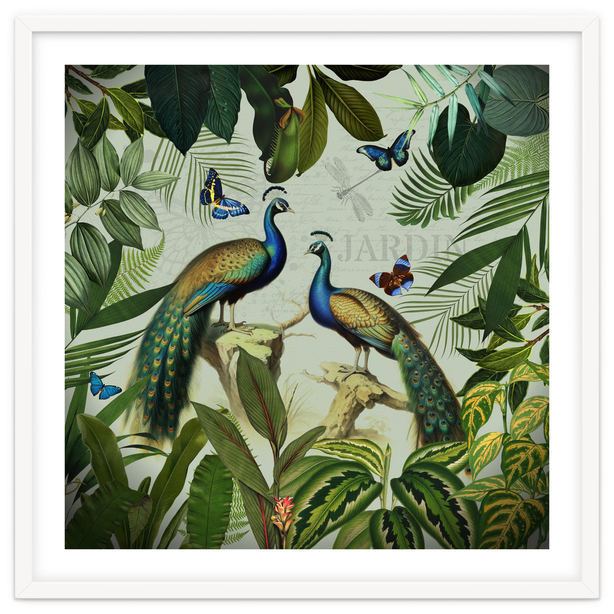 Vintage Exotic Asian Peacocks In Tropical Jungle Landscape