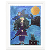 Cassandra, the Little Witch, with Merlin, the cat, and Circe, the Raven