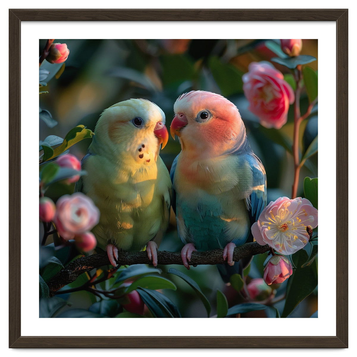 Two Lovebirds Perched On A Branch Near Flowers