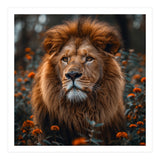 Majestic Lion Portrait In Orange Flowers (Print Only) thumbnail