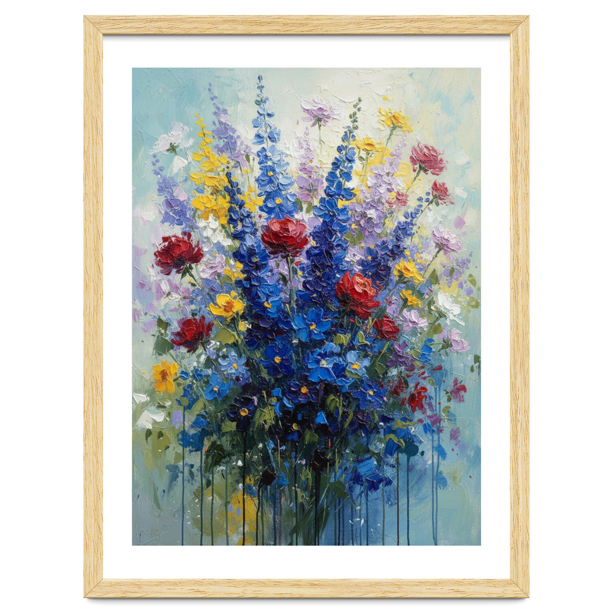 Vibrant Blue Delphinium and Red Rose Heavy Impasto Oil Painting