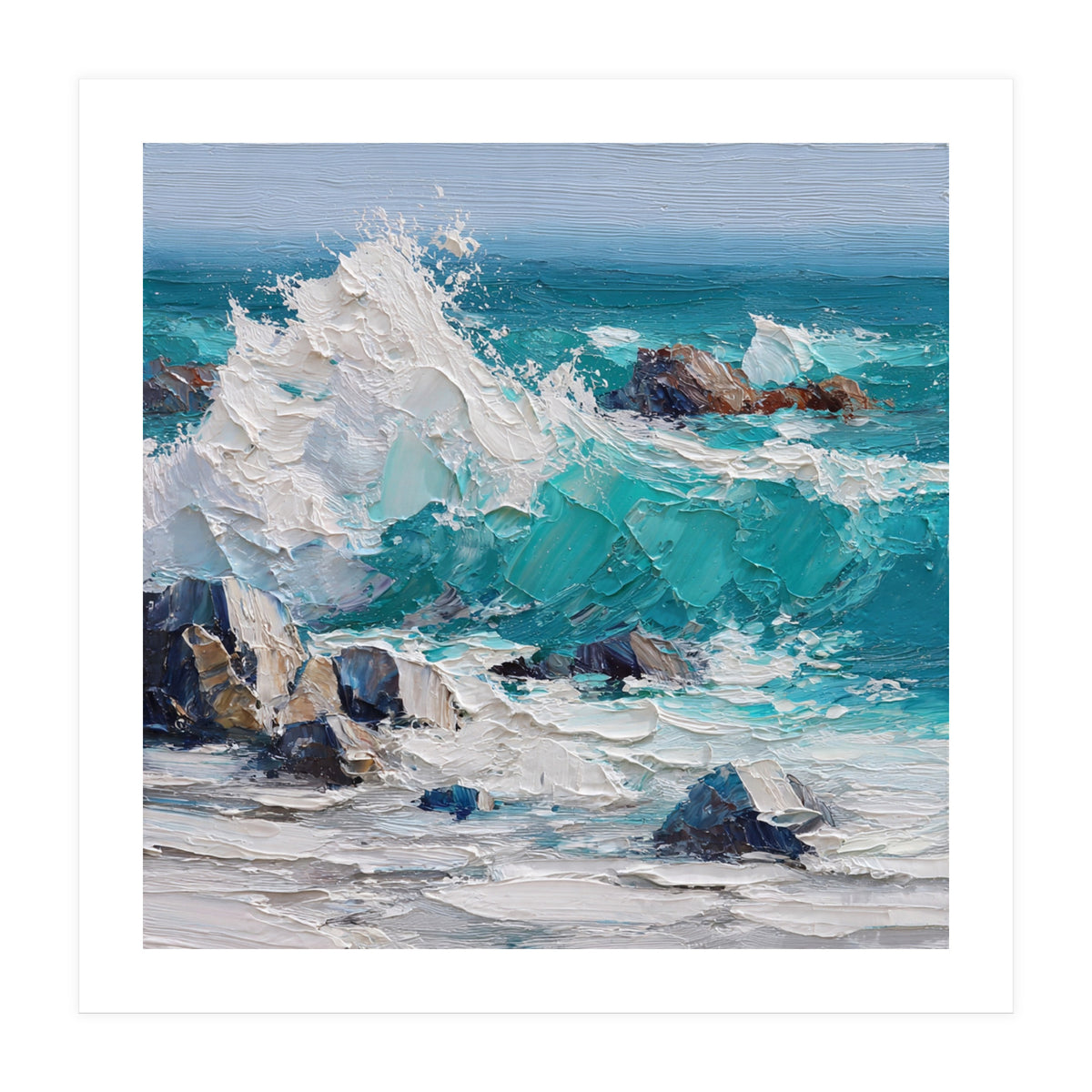 Dynamic Crashing Turquoise Ocean Wave Against Rugged Coastal Rocks (Print Only)