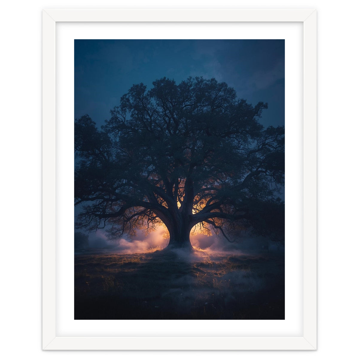 Ancient Mystical Oak Silhouette at Twilight with Ethereal Wisps