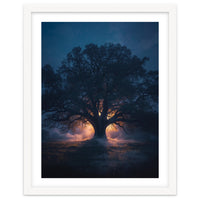 Ancient Mystical Oak Silhouette at Twilight with Ethereal Wisps
