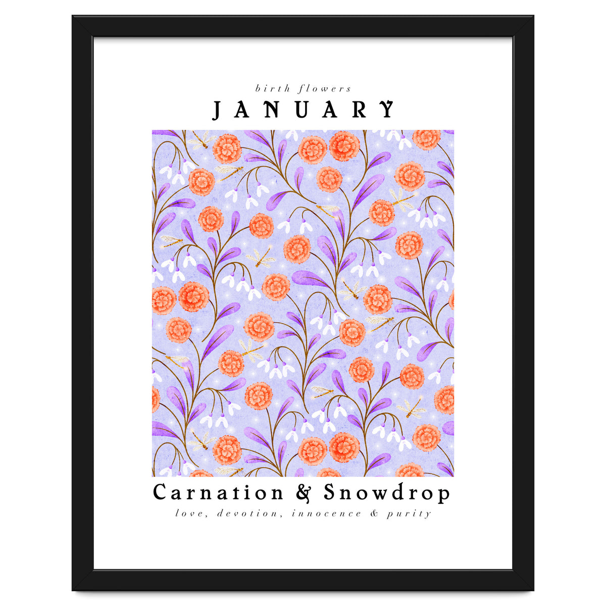 Carnations And Snowdrop January Birth Flower Floral Print