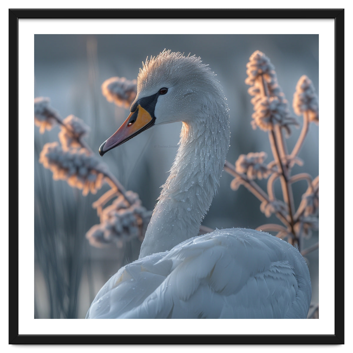Swan Portrait Dew Drops Morning Light