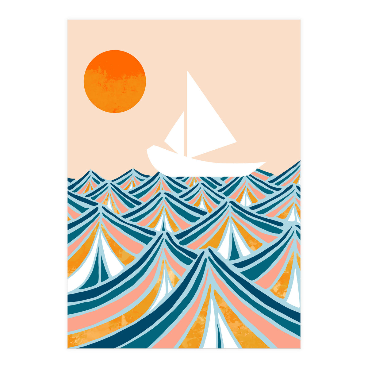 Set Sail, Ocean Boat Sailing Travel, Sea Cruise Summer Waves, Graphic Design Bohemian Modern Eclectic (Print Only)