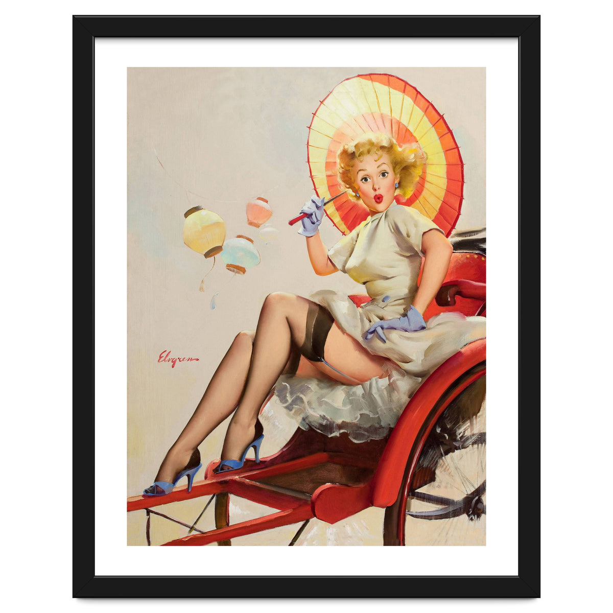 Pinup Girl In Rickshaw Experiencing Sudden Wind