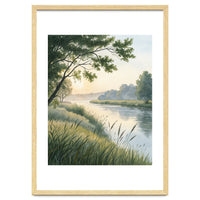 Serene River Sunrise Watercolor Painting with Meadow Grasses and Warm Golden Atmosphere Landscape