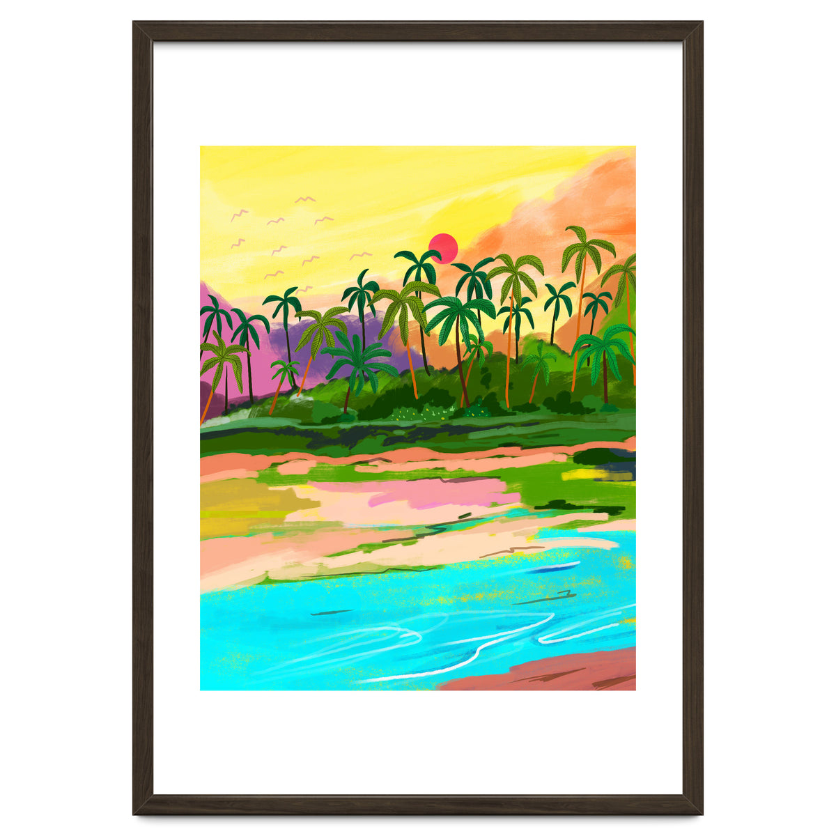Tropical Backwaters Of Kerala, Nature Jungle Forest Landscape Painting, Dreamy Scenic Travel Lake Palm Bohemian