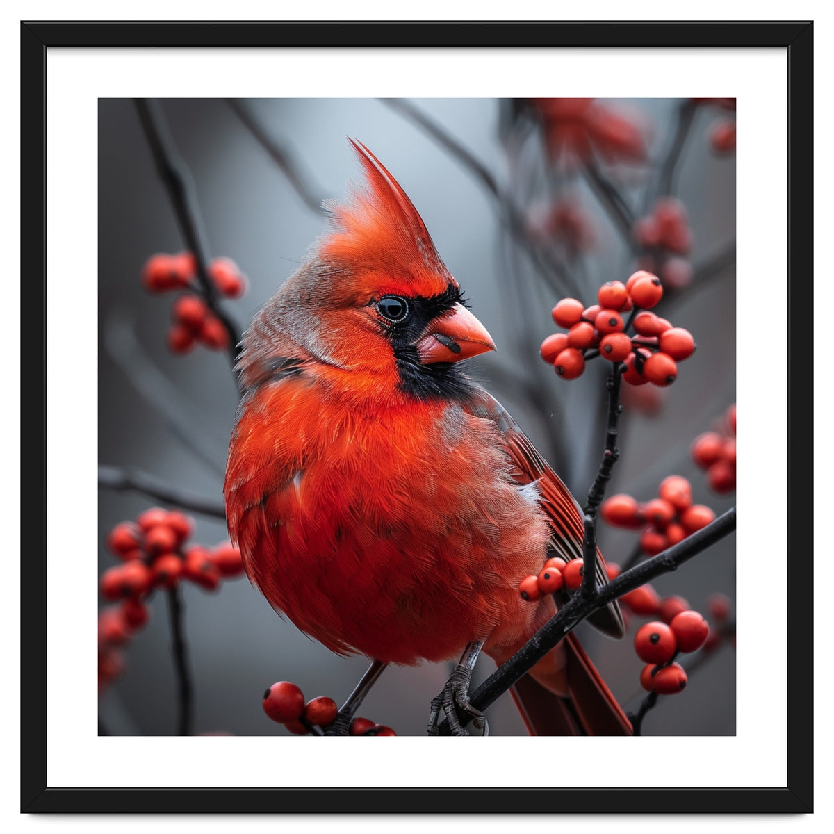 Northern Cardinal Bird Perched Among Red Berries