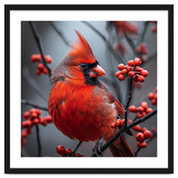 Northern Cardinal Bird Perched Among Red Berries