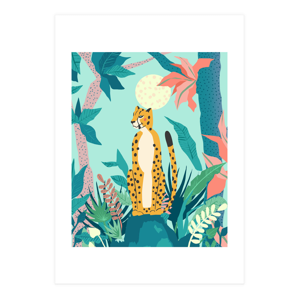 Leopard Forest, Pastel Tropical Jungle Nature Botanical, Moon Eclectic Colorful Wild Animals Boho (Print Only)