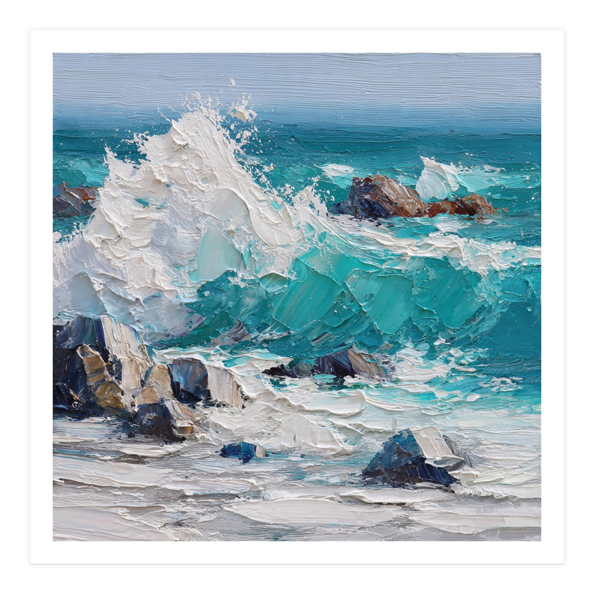 Dynamic Crashing Turquoise Ocean Wave Against Rugged Coastal Rocks (Print Only)