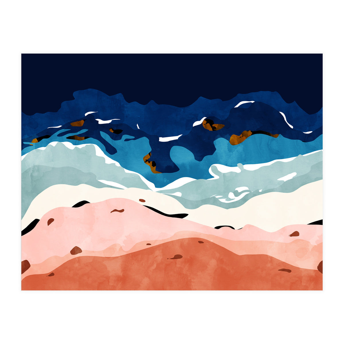 Ocean Heart, Abstract Sea Waves, Tropical Travel Watercolor Painting, Eclectic Bohemian Beach Nature (Print Only)