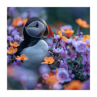 Puffin Bird Among Vibrant Purple And Orange Flowers (Print Only)