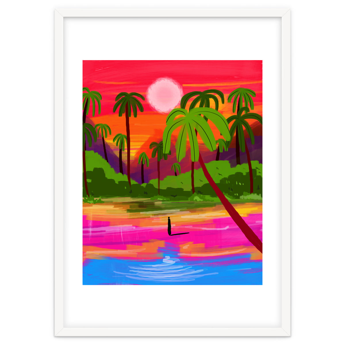My Shadow & I, Sunset Painting Lake Beach Seashore, Tropical Nature Landscape Colorful Bohemian Traditional, Travel Concept Companion