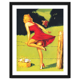 Pinup Girl In Red Dress Crossing The Barbed Wire While Looking At The Bull thumbnail