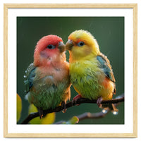 Two Lovebirds Perched On A Branch In Rain