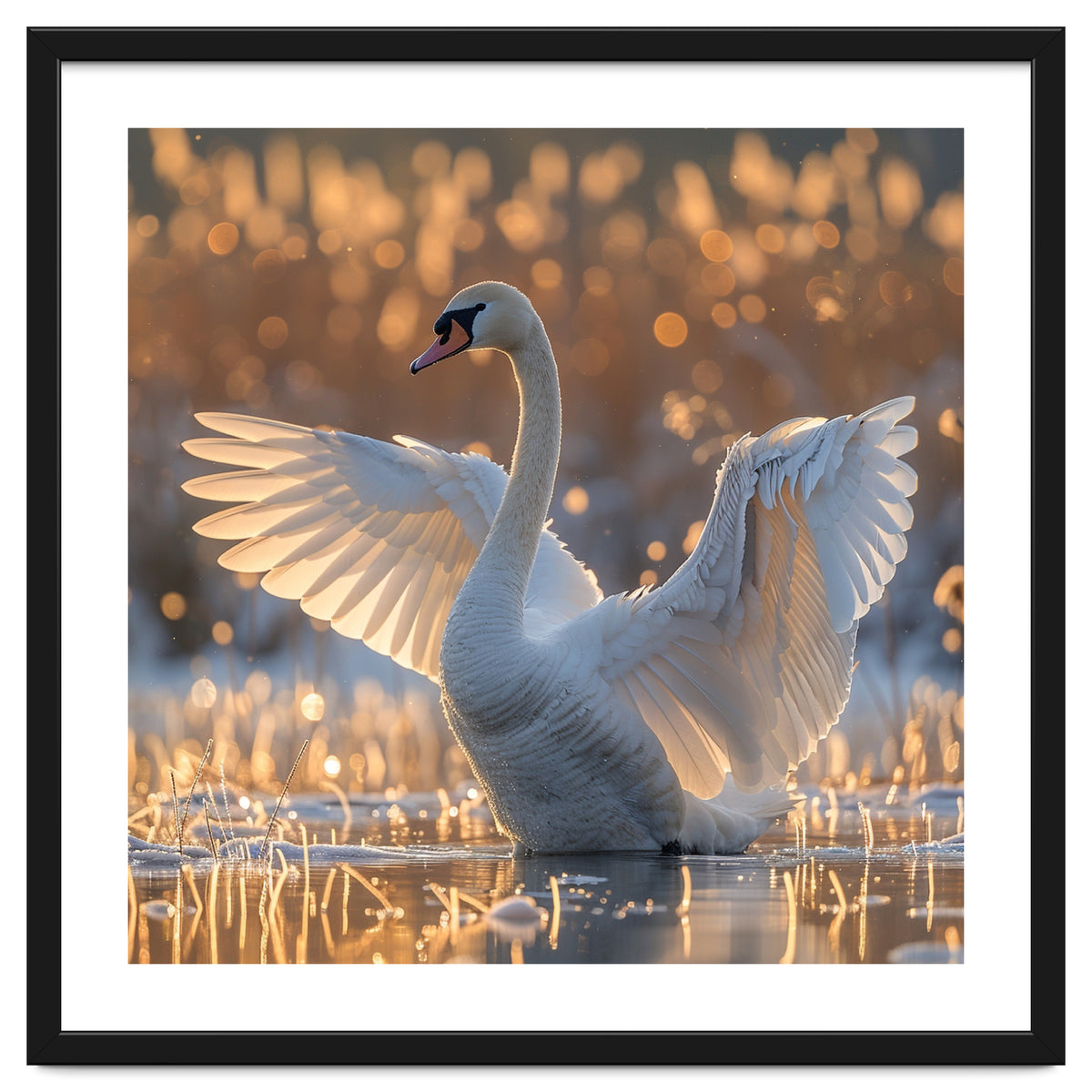 Swan Spreading Wings In Water Sunlight