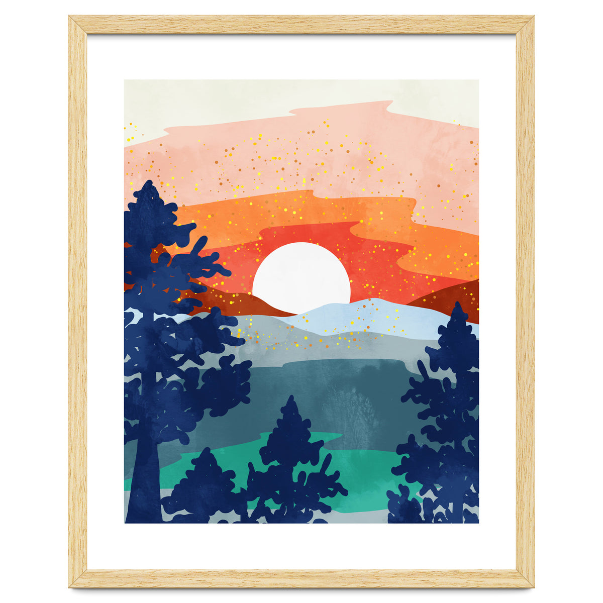 A Magical Sunset, Landscape Nature Illustration, Minimal Bohemian Painting, Mountains Adventure Travel