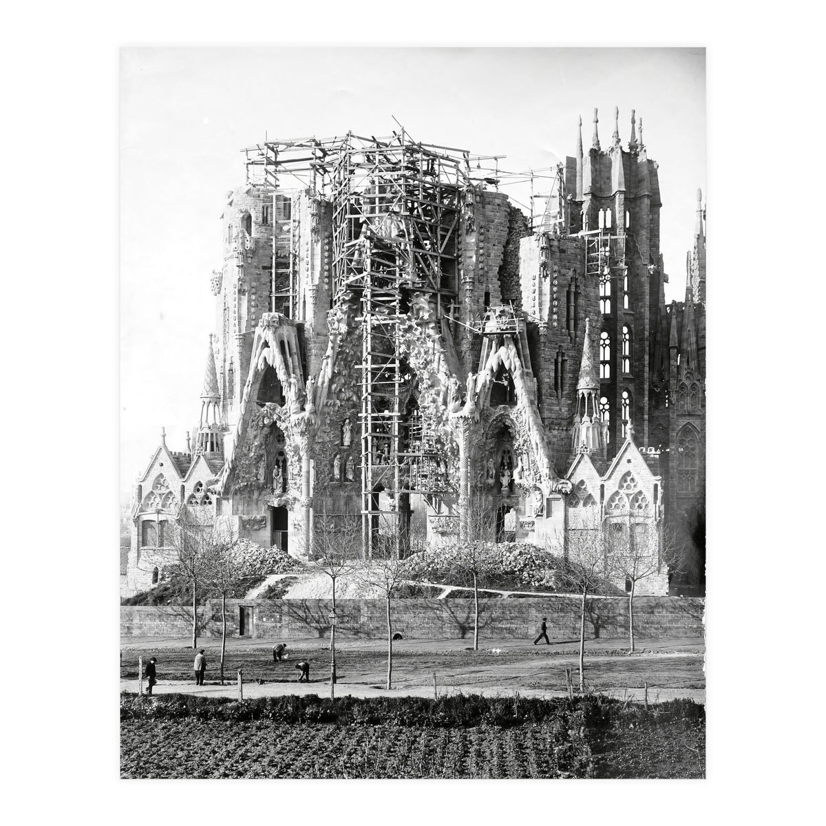 VIEW OF THE "SAGRADA FAMILIA" BASILICA BY ARCHITECT ANTONI GAUDI, PHOTOS OF WORK.  Ca. 1910. (Print Only)