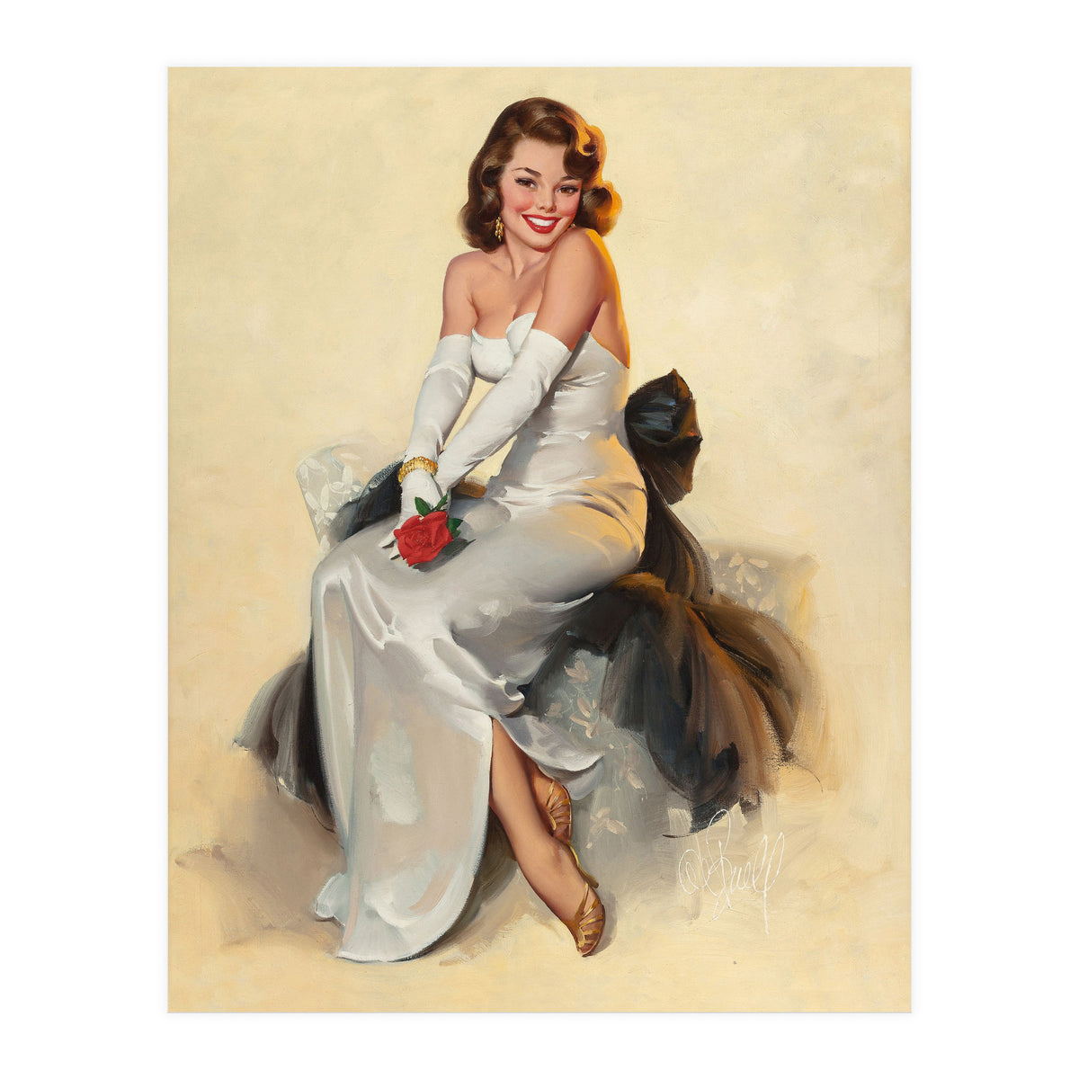 Smiling Young Woman Posing With Flower (Print Only)