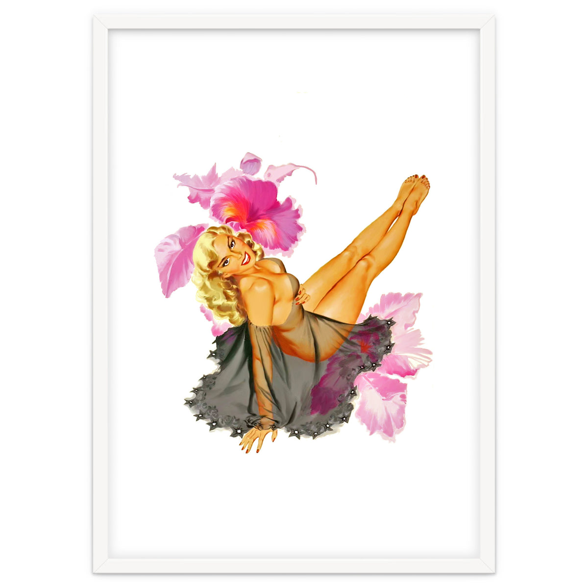 Pinup Sexy Woman Posing In Black Sleeping Dress