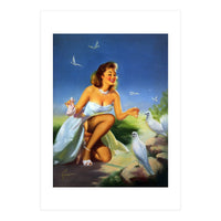 Beautiful Pinup Girl Feeding White Pigeons (Print Only)