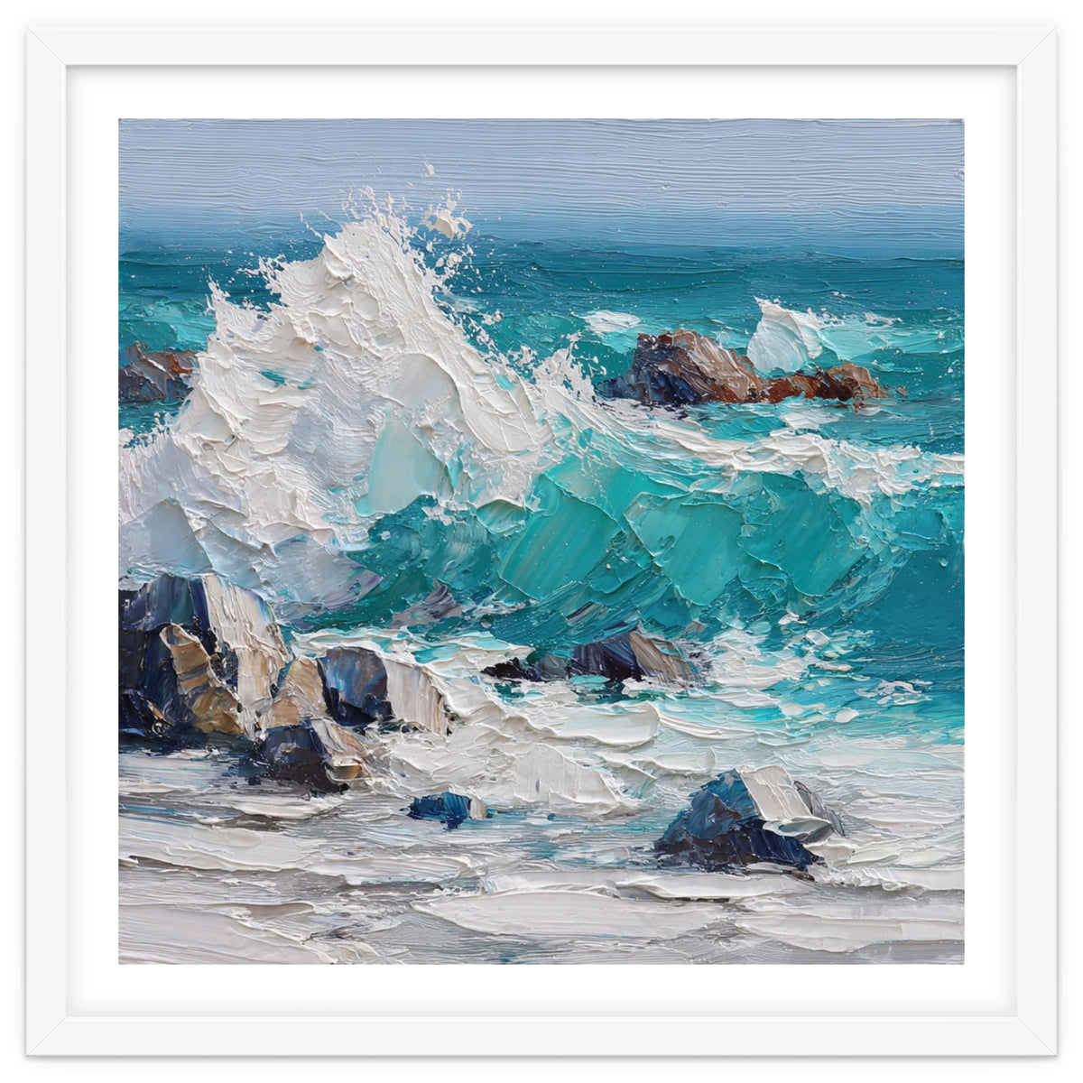 Dynamic Crashing Turquoise Ocean Wave Against Rugged Coastal Rocks