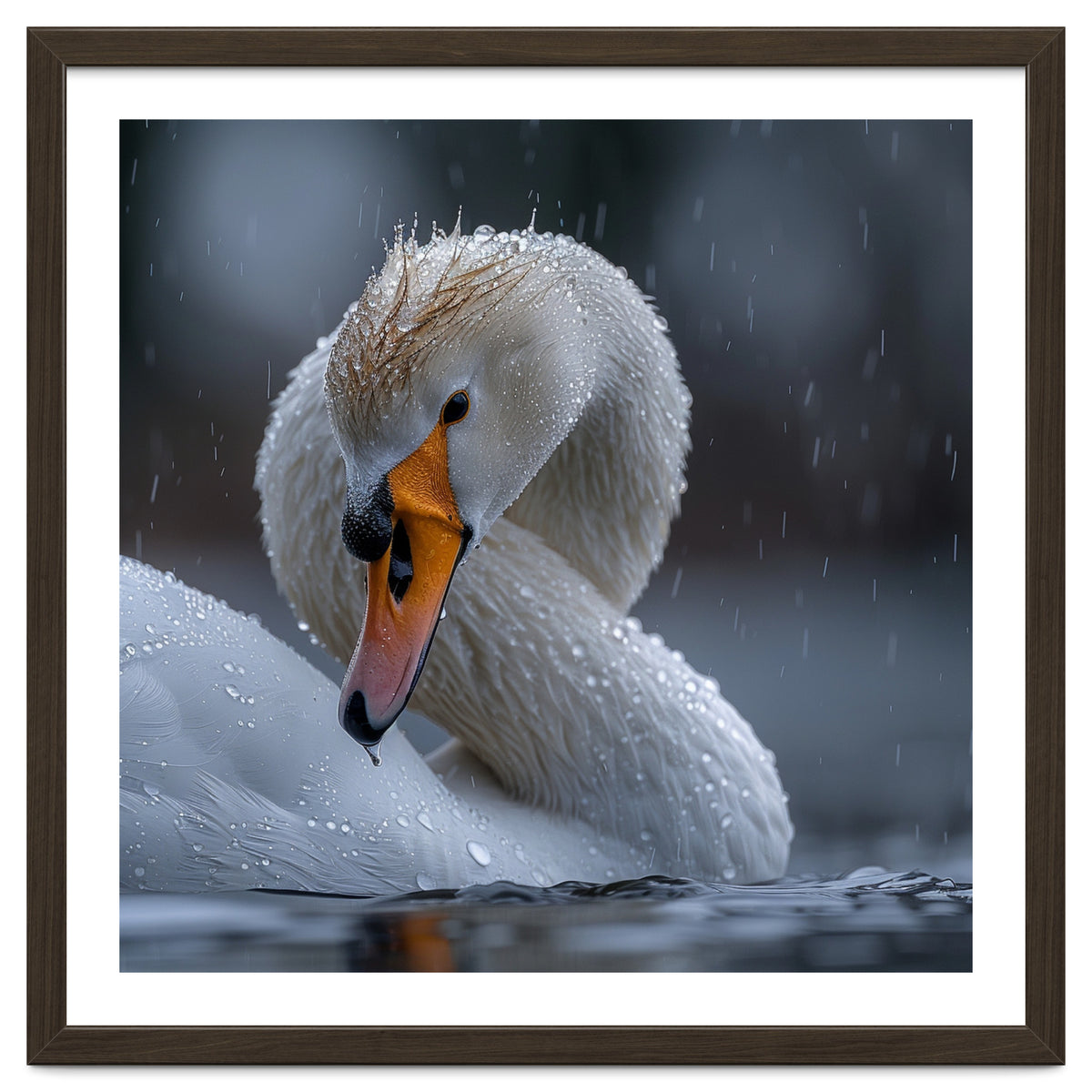 White Swan Bird With Water Droplets In Rain
