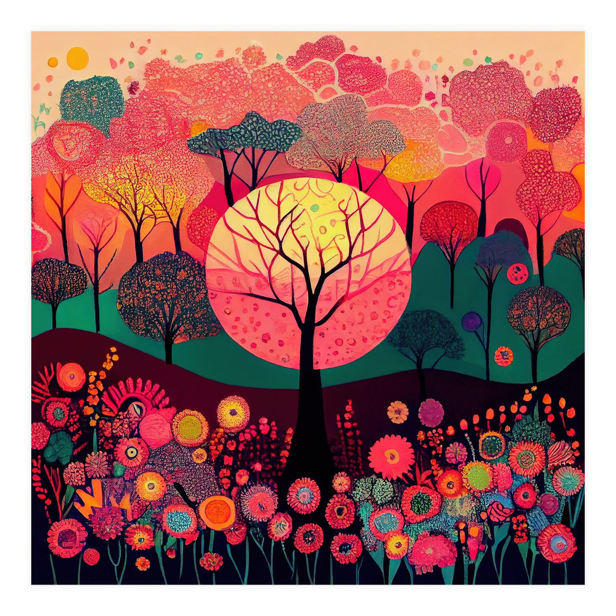 Folk Sunset Forest In Bloom (Print Only)