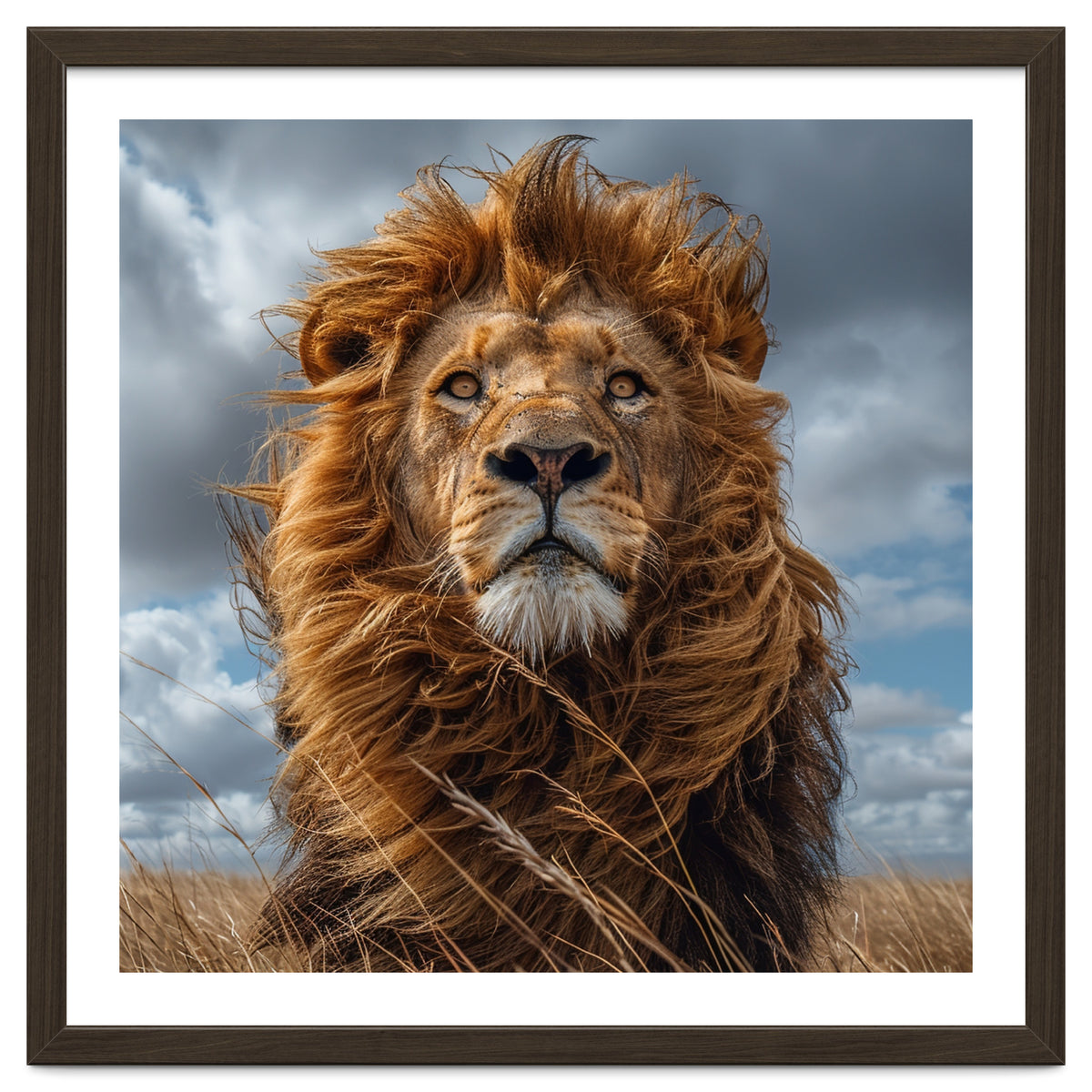 Majestic Lion Portrait Windblown Mane Outdoors