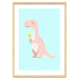 T-Rex Tyrannosaurus Dinosaur Art, Whimsical Dino with Flower, Gentle Nursery Print thumbnail