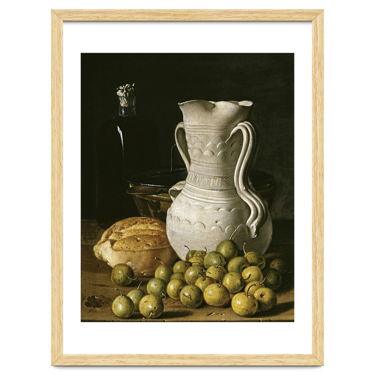 Luis Egidio Meléndez: 'Still Life with Small Pears, Bread, White Pitcher, Glass Bottle, and.., 1760.