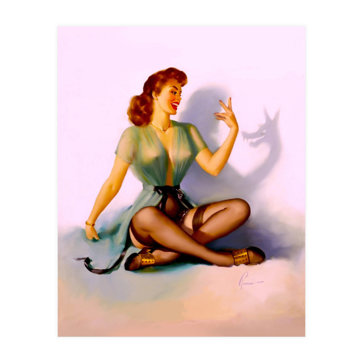 Sexy Pinup Making A Big Bad Wolf Shadow On The Wall (Print Only)