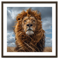 Majestic Lion Portrait Windblown Mane Outdoors