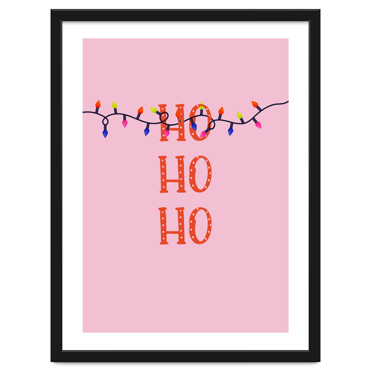 HO HO HO Christmas Lights Art, Pink Holiday Illustration, Modern Festive Quote