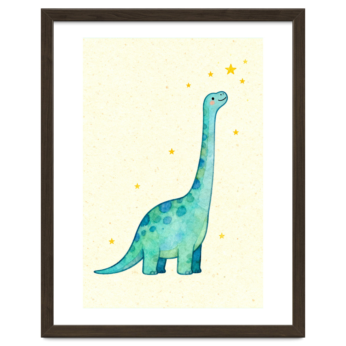 Cute Brontosaurus Watercolor Art, Whimsical Dinosaur Nursery Print, Starry Dino Illustration