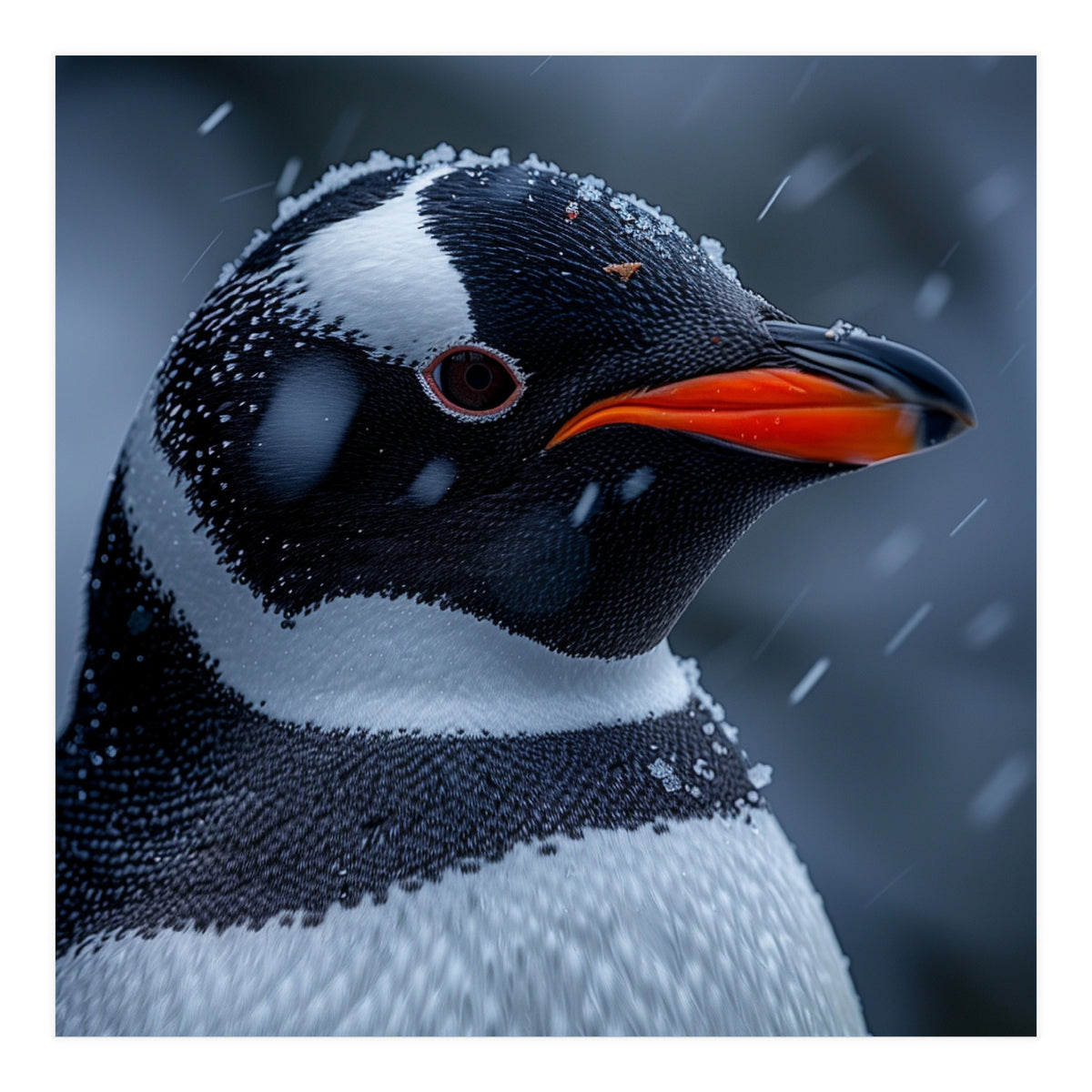 Close Up Penguin Portrait In Snowy Weather (Print Only)
