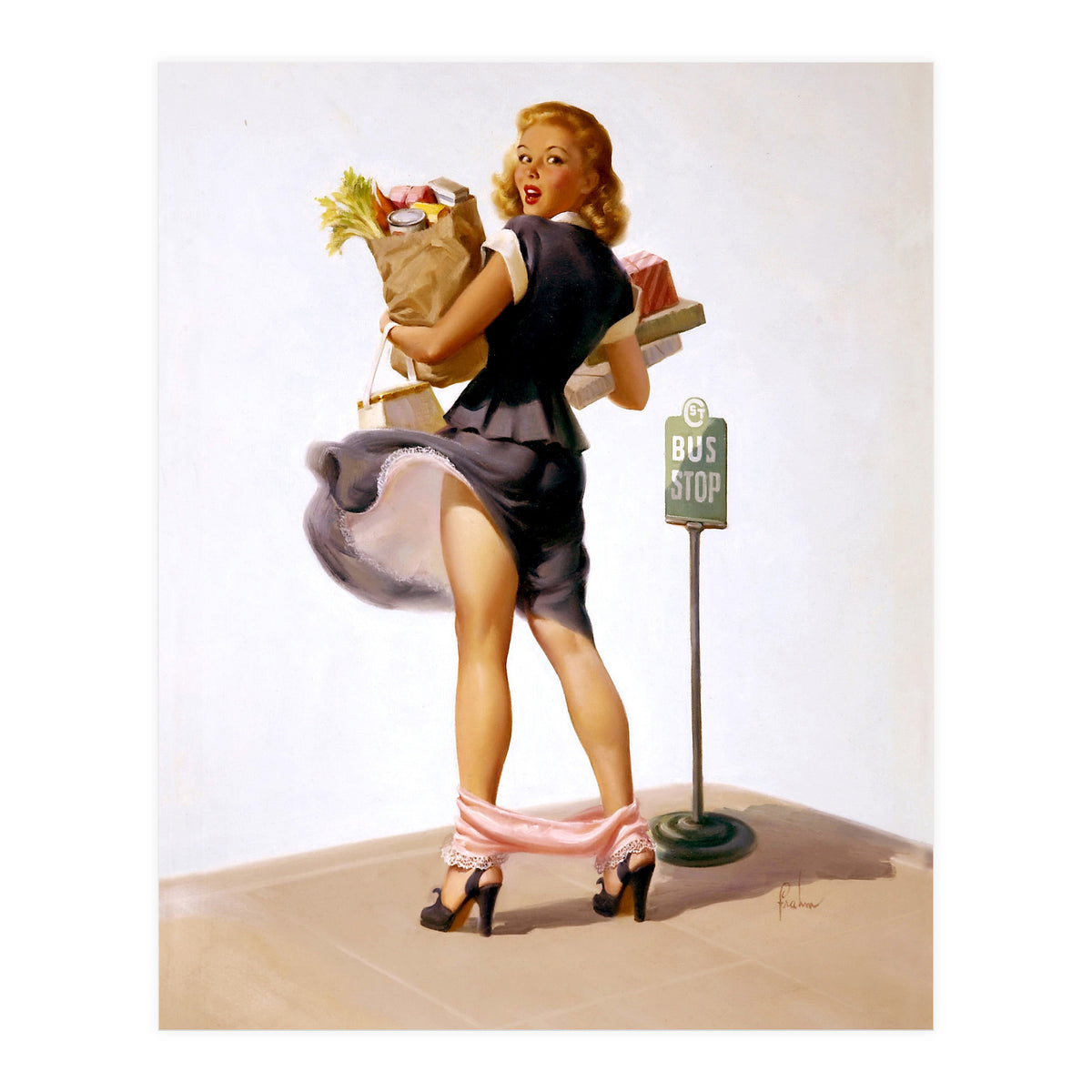 Pinup Sexy Girl Had Funny Accident On A Bus Stop (Print Only)