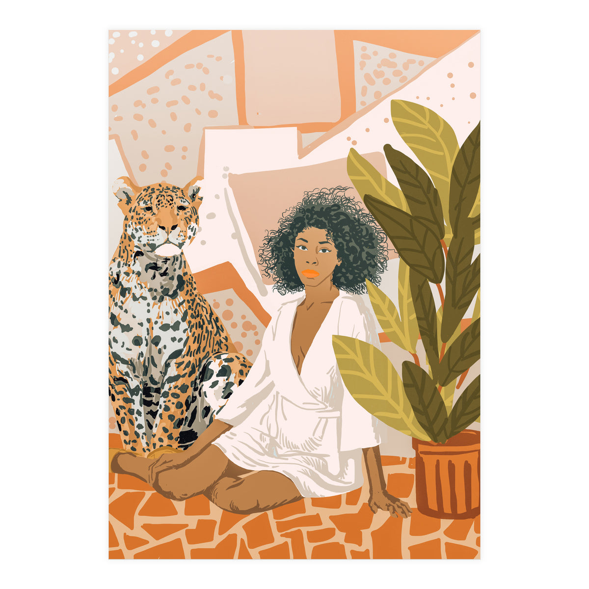 House Guest | Modern Bohemian Black Woman | Urban Jungle Decor | Wild Cat Leopard Pet | Plant Lady (Print Only)