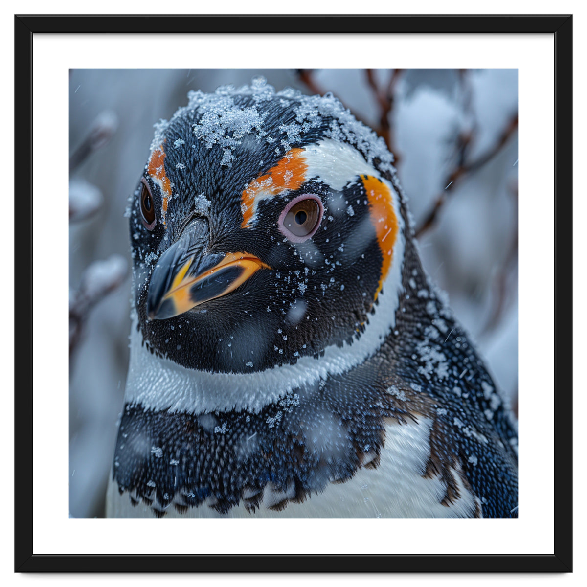 Penguin In Snow Falling Close Up Portrait