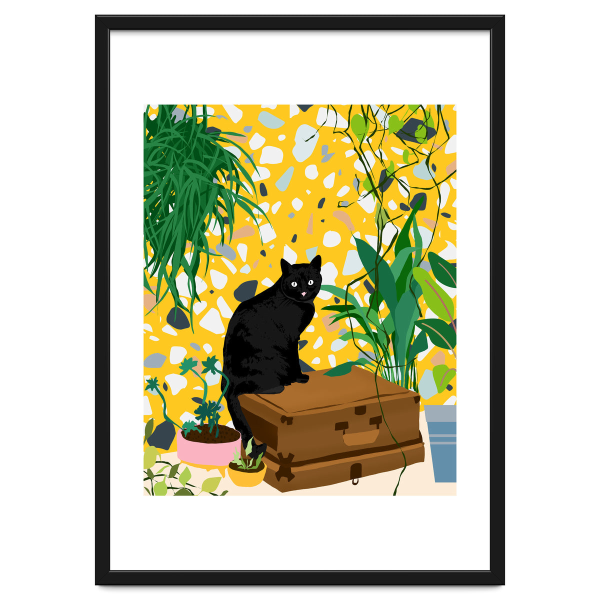 Urban Jungle Cat, Black Cats Pets Terrazzo Decor, Whimsical Bohemian Animals Illustration, Eclectic Quirky Travel
