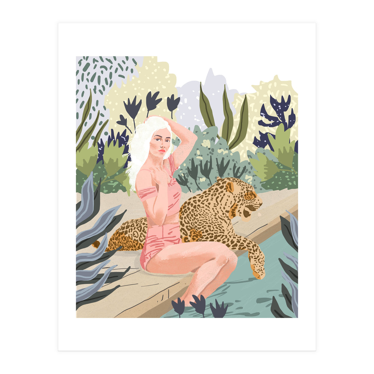How to Train Your Leopard, Wild Cat Bohemian Woman Painting, Swimming Pool Bikini Summer Swim Animal (Print Only)