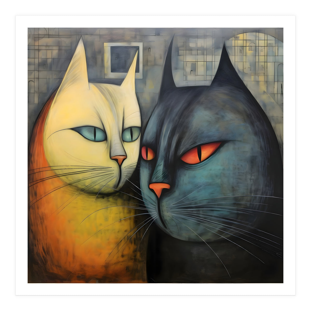 FURRY FRIENDS: GOLDIE AND CHARCOAL, lively duo of animated cats – green eyes, orange eyes. Whiskers charm. (Print Only)