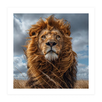 Majestic Lion Portrait Windblown Mane Outdoors (Print Only)