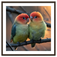 Two Lovebirds Perched On A Branch At Sunset
