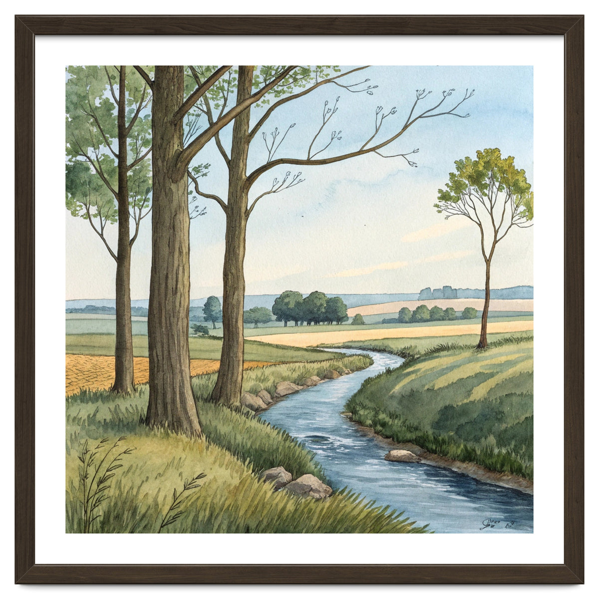 Pastoral Countryside Watercolor Painting with Winding Stream Meadows and Deciduous Trees Landscape