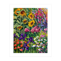 Vibrant Summer Sunflower and Iris Meadow Oil Painting (Print Only)